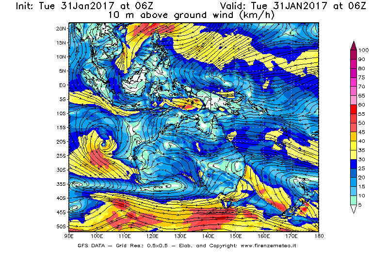 Mappa di analisi GFS - Velocità del vento a 10 metri dal suolo [km/h] in Oceania
							del 31/01/2017 06 <!--googleoff: index-->UTC<!--googleon: index-->