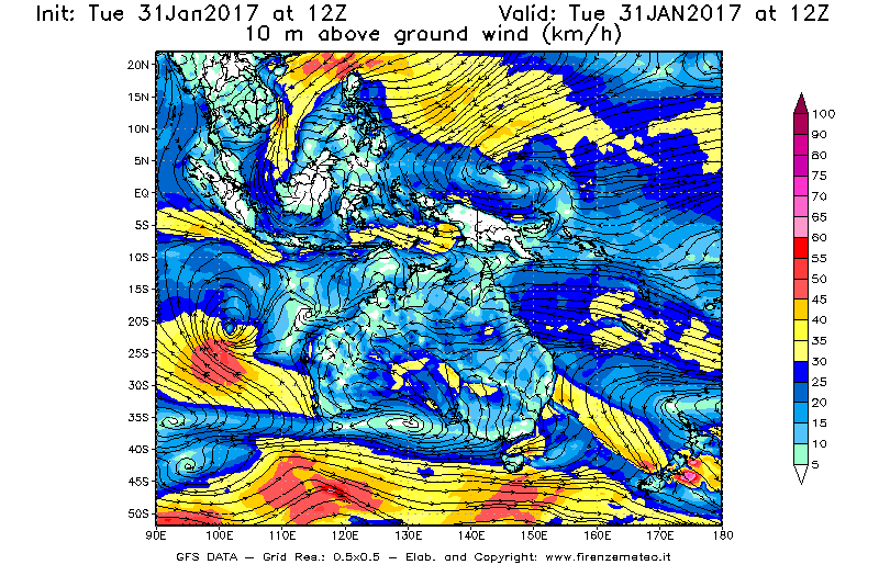 Mappa di analisi GFS - Velocità del vento a 10 metri dal suolo [km/h] in Oceania
							del 31/01/2017 12 <!--googleoff: index-->UTC<!--googleon: index-->