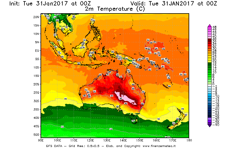Mappa di analisi GFS - Temperatura a 2 metri dal suolo [°C] in Oceania
							del 31/01/2017 00 <!--googleoff: index-->UTC<!--googleon: index-->