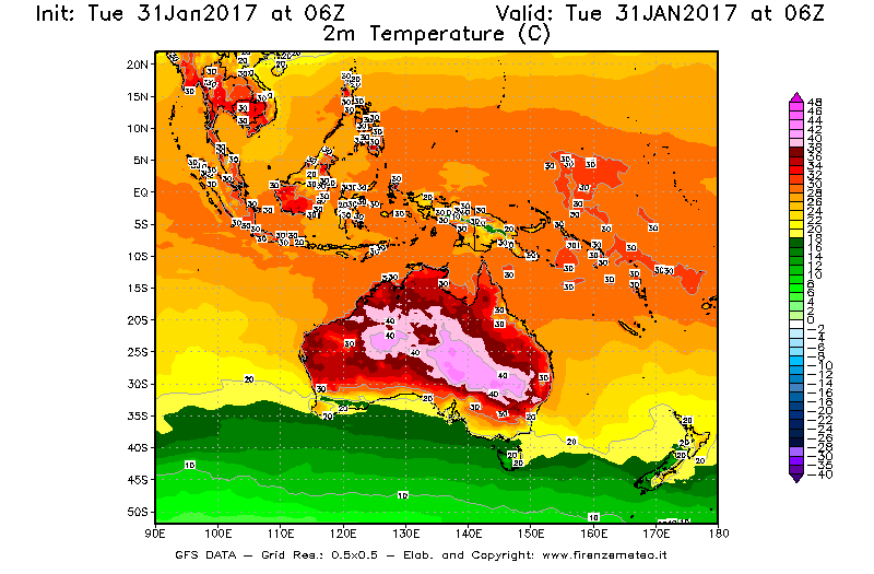 Mappa di analisi GFS - Temperatura a 2 metri dal suolo [°C] in Oceania
							del 31/01/2017 06 <!--googleoff: index-->UTC<!--googleon: index-->