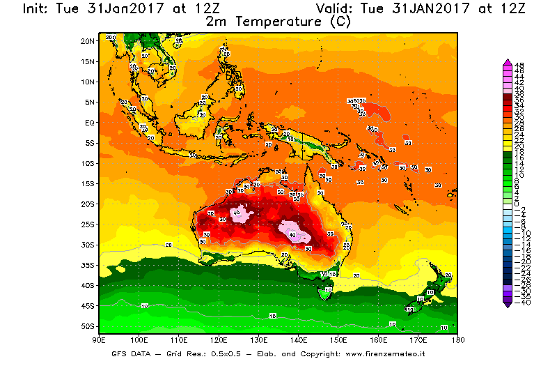 Mappa di analisi GFS - Temperatura a 2 metri dal suolo [°C] in Oceania
							del 31/01/2017 12 <!--googleoff: index-->UTC<!--googleon: index-->