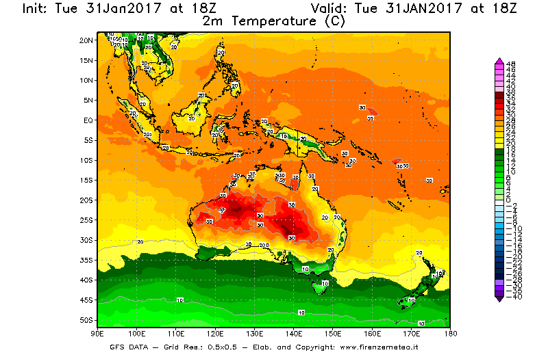 Mappa di analisi GFS - Temperatura a 2 metri dal suolo [°C] in Oceania
							del 31/01/2017 18 <!--googleoff: index-->UTC<!--googleon: index-->