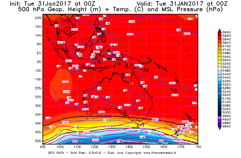 Mappa di analisi GFS - Geopotenziale [m] + Temp. [°C] a 500 hPa + Press. a livello del mare [hPa] in Oceania
							del 31/01/2017 00 <!--googleoff: index-->UTC<!--googleon: index-->