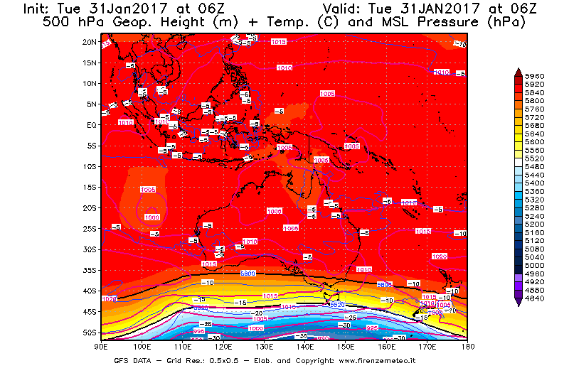 Mappa di analisi GFS - Geopotenziale [m] + Temp. [°C] a 500 hPa + Press. a livello del mare [hPa] in Oceania
							del 31/01/2017 06 <!--googleoff: index-->UTC<!--googleon: index-->