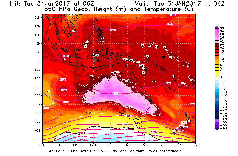Mappa di analisi GFS - Geopotenziale [m] e Temperatura [°C] a 850 hPa in Oceania
							del 31/01/2017 06 <!--googleoff: index-->UTC<!--googleon: index-->
