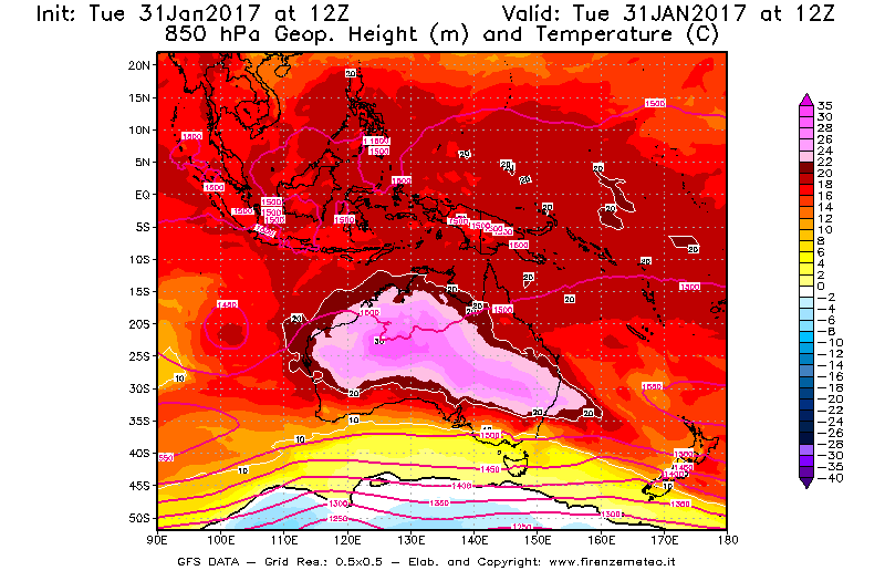 Mappa di analisi GFS - Geopotenziale [m] e Temperatura [°C] a 850 hPa in Oceania
							del 31/01/2017 12 <!--googleoff: index-->UTC<!--googleon: index-->