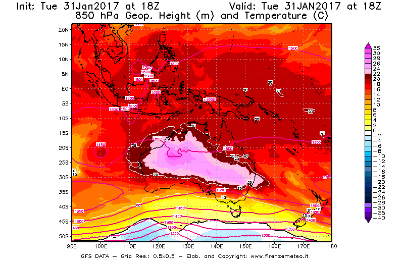 Mappa di analisi GFS - Geopotenziale [m] e Temperatura [°C] a 850 hPa in Oceania
							del 31/01/2017 18 <!--googleoff: index-->UTC<!--googleon: index-->