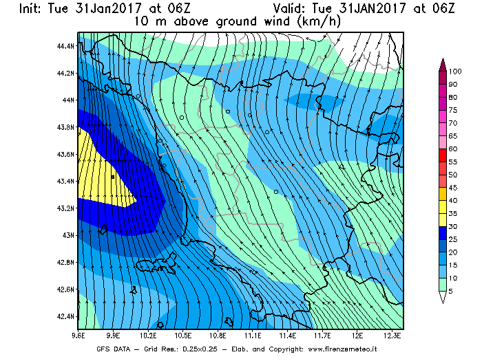 Mappa di analisi GFS - Velocità del vento a 10 metri dal suolo [km/h] in Toscana
							del 31/01/2017 06 <!--googleoff: index-->UTC<!--googleon: index-->