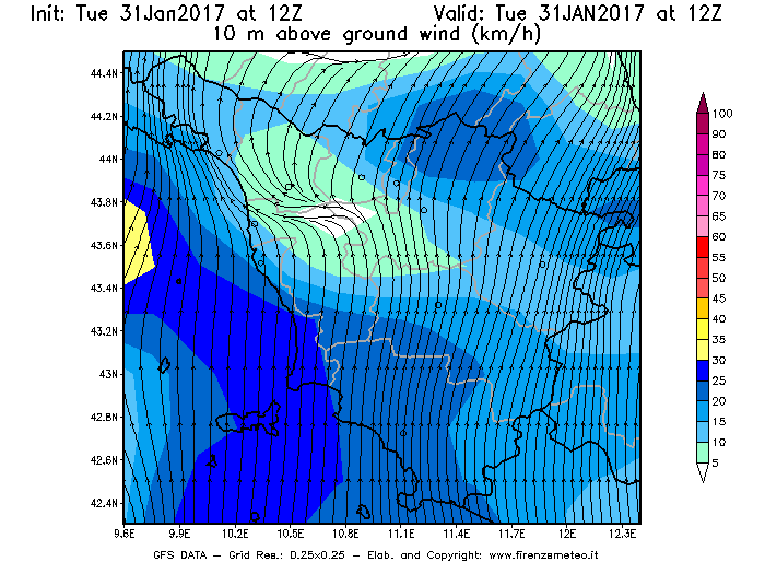 Mappa di analisi GFS - Velocità del vento a 10 metri dal suolo [km/h] in Toscana
							del 31/01/2017 12 <!--googleoff: index-->UTC<!--googleon: index-->