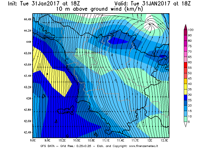 Mappa di analisi GFS - Velocità del vento a 10 metri dal suolo [km/h] in Toscana
							del 31/01/2017 18 <!--googleoff: index-->UTC<!--googleon: index-->