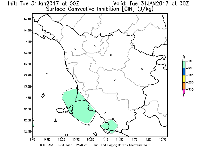 Mappa di analisi GFS - CIN [J/kg] in Toscana
							del 31/01/2017 00 <!--googleoff: index-->UTC<!--googleon: index-->