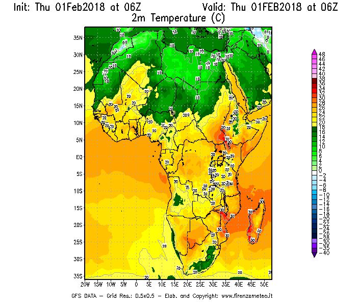 Mappa di analisi GFS - Temperatura a 2 metri dal suolo [°C] in Africa
									del 01/02/2018 06 <!--googleoff: index-->UTC<!--googleon: index-->