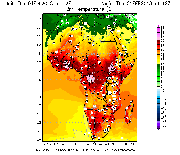 Mappa di analisi GFS - Temperatura a 2 metri dal suolo [°C] in Africa
							del 01/02/2018 12 <!--googleoff: index-->UTC<!--googleon: index-->