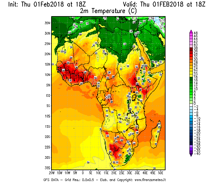 Mappa di analisi GFS - Temperatura a 2 metri dal suolo [°C] in Africa
									del 01/02/2018 18 <!--googleoff: index-->UTC<!--googleon: index-->