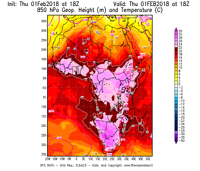 Mappa di analisi GFS - Geopotenziale [m] e Temperatura [°C] a 850 hPa in Africa
							del 01/02/2018 18 <!--googleoff: index-->UTC<!--googleon: index-->