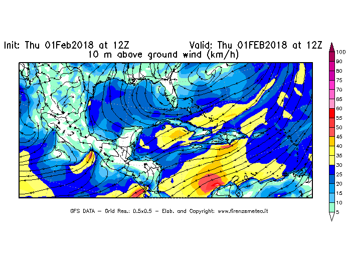 Mappa di analisi GFS - Velocità del vento a 10 metri dal suolo [km/h] in Centro-America
									del 01/02/2018 12 <!--googleoff: index-->UTC<!--googleon: index-->