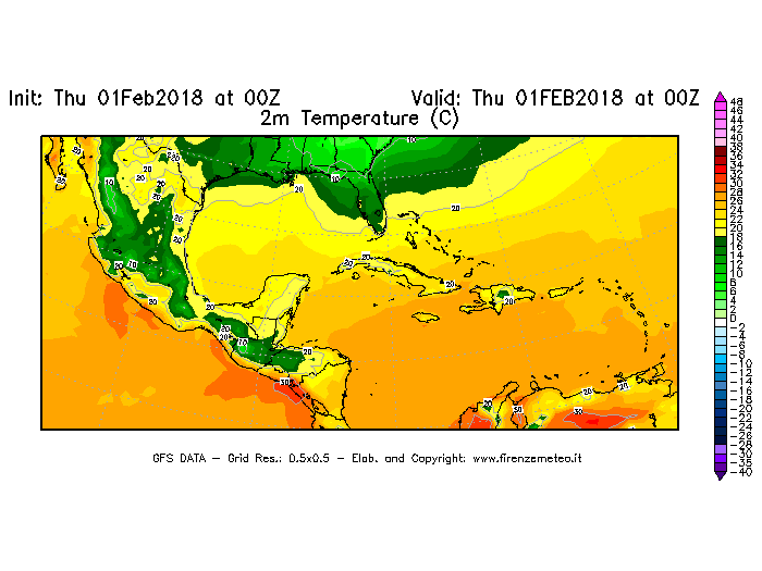 Mappa di analisi GFS - Temperatura a 2 metri dal suolo [°C] in Centro-America
							del 01/02/2018 00 <!--googleoff: index-->UTC<!--googleon: index-->