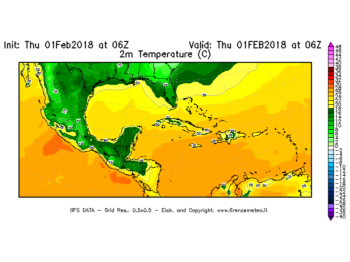 Mappa di analisi GFS - Temperatura a 2 metri dal suolo [°C] in Centro-America
									del 01/02/2018 06 <!--googleoff: index-->UTC<!--googleon: index-->