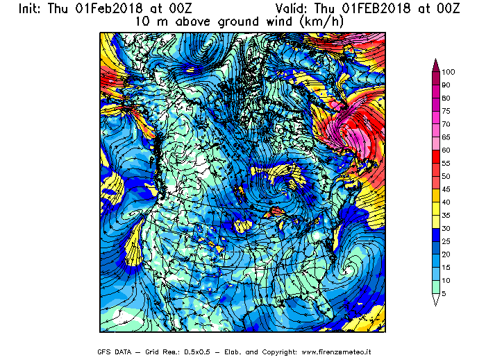 Mappa di analisi GFS - Velocità del vento a 10 metri dal suolo [km/h] in Nord-America
									del 01/02/2018 00 <!--googleoff: index-->UTC<!--googleon: index-->