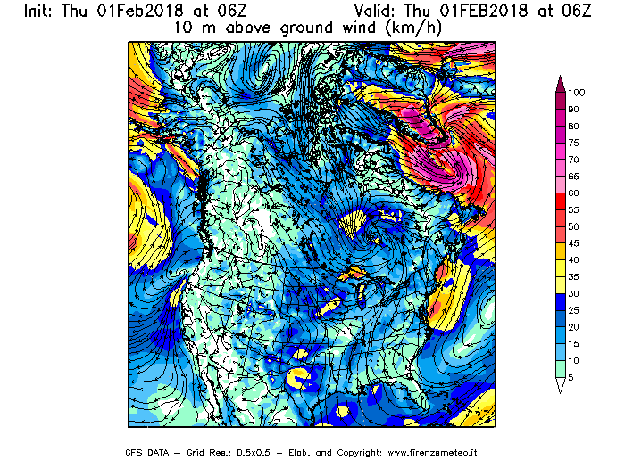 Mappa di analisi GFS - Velocità del vento a 10 metri dal suolo [km/h] in Nord-America
							del 01/02/2018 06 <!--googleoff: index-->UTC<!--googleon: index-->