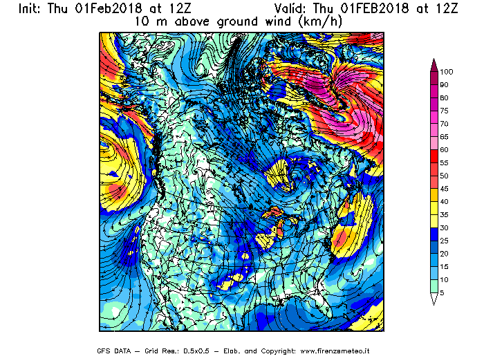 Mappa di analisi GFS - Velocità del vento a 10 metri dal suolo [km/h] in Nord-America
							del 01/02/2018 12 <!--googleoff: index-->UTC<!--googleon: index-->