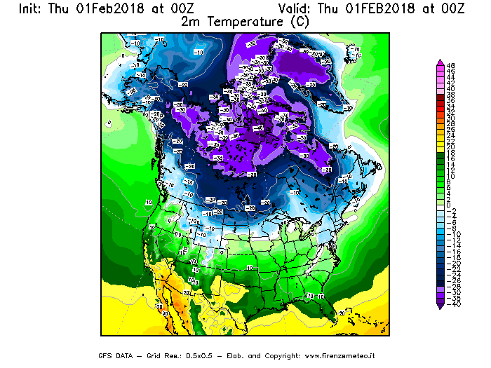 Mappa di analisi GFS - Temperatura a 2 metri dal suolo [°C] in Nord-America
							del 01/02/2018 00 <!--googleoff: index-->UTC<!--googleon: index-->