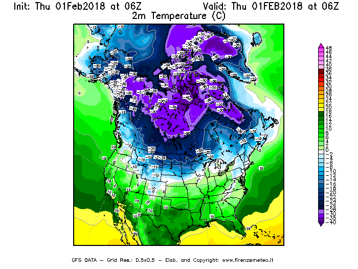 Mappa di analisi GFS - Temperatura a 2 metri dal suolo [°C] in Nord-America
									del 01/02/2018 06 <!--googleoff: index-->UTC<!--googleon: index-->