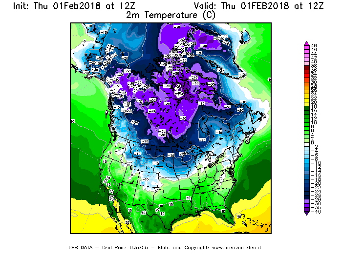Mappa di analisi GFS - Temperatura a 2 metri dal suolo [°C] in Nord-America
									del 01/02/2018 12 <!--googleoff: index-->UTC<!--googleon: index-->