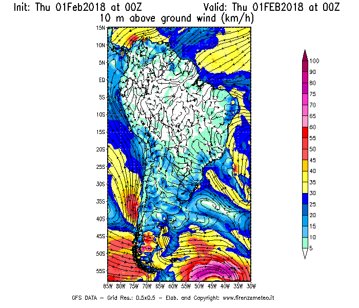 Mappa di analisi GFS - Velocità del vento a 10 metri dal suolo [km/h] in Sud-America
							del 01/02/2018 00 <!--googleoff: index-->UTC<!--googleon: index-->