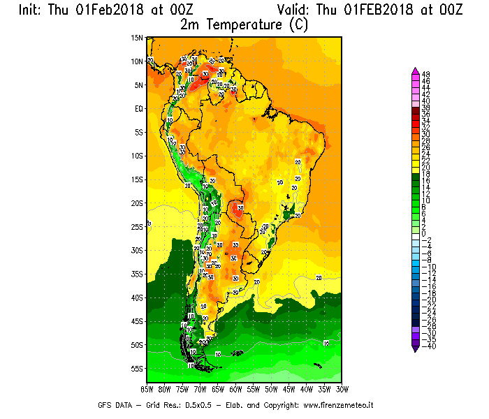 Mappa di analisi GFS - Temperatura a 2 metri dal suolo [°C] in Sud-America
							del 01/02/2018 00 <!--googleoff: index-->UTC<!--googleon: index-->