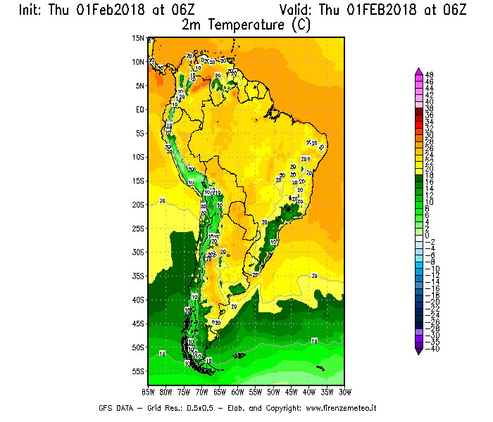 Mappa di analisi GFS - Temperatura a 2 metri dal suolo [°C] in Sud-America
									del 01/02/2018 06 <!--googleoff: index-->UTC<!--googleon: index-->