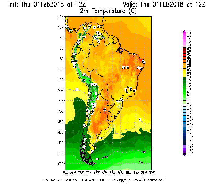 Mappa di analisi GFS - Temperatura a 2 metri dal suolo [°C] in Sud-America
							del 01/02/2018 12 <!--googleoff: index-->UTC<!--googleon: index-->
