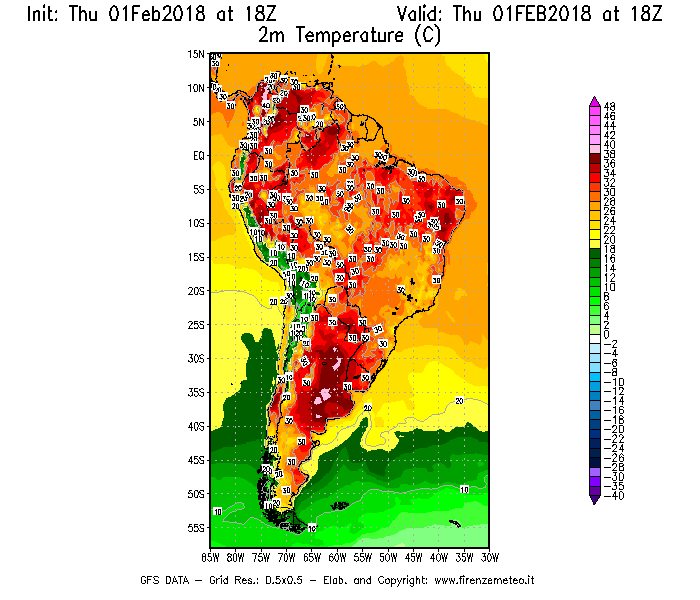 Mappa di analisi GFS - Temperatura a 2 metri dal suolo [°C] in Sud-America
							del 01/02/2018 18 <!--googleoff: index-->UTC<!--googleon: index-->