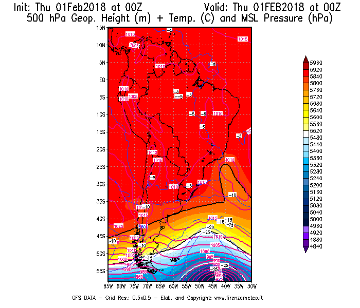Mappa di analisi GFS - Geopotenziale [m] + Temp. [°C] a 500 hPa + Press. a livello del mare [hPa] in Sud-America
							del 01/02/2018 00 <!--googleoff: index-->UTC<!--googleon: index-->