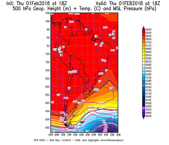 Mappa di analisi GFS - Geopotenziale [m] + Temp. [°C] a 500 hPa + Press. a livello del mare [hPa] in Sud-America
							del 01/02/2018 18 <!--googleoff: index-->UTC<!--googleon: index-->