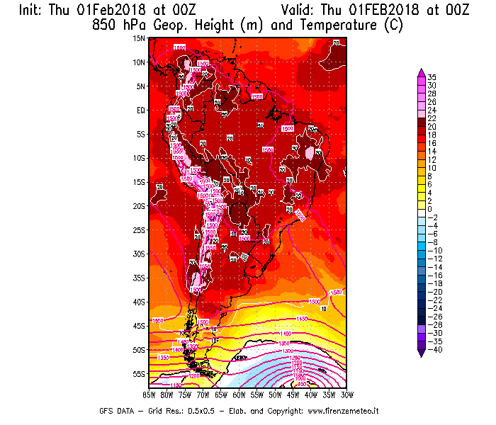 Mappa di analisi GFS - Geopotenziale [m] e Temperatura [°C] a 850 hPa in Sud-America
									del 01/02/2018 00 <!--googleoff: index-->UTC<!--googleon: index-->