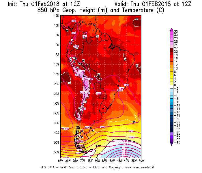 Mappa di analisi GFS - Geopotenziale [m] e Temperatura [°C] a 850 hPa in Sud-America
							del 01/02/2018 12 <!--googleoff: index-->UTC<!--googleon: index-->