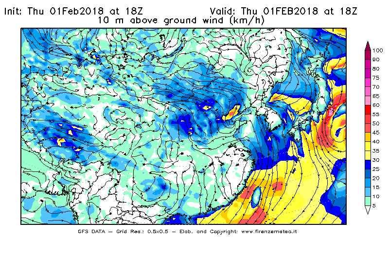 Mappa di analisi GFS - Velocità del vento a 10 metri dal suolo [km/h] in Asia Orientale
									del 01/02/2018 18 <!--googleoff: index-->UTC<!--googleon: index-->