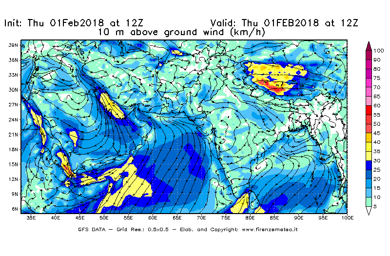 Mappa di analisi GFS - Velocità del vento a 10 metri dal suolo [km/h] in Asia Sud-Occidentale
							del 01/02/2018 12 <!--googleoff: index-->UTC<!--googleon: index-->