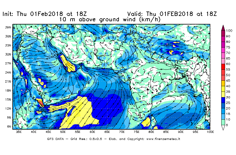 Mappa di analisi GFS - Velocità del vento a 10 metri dal suolo [km/h] in Asia Sud-Occidentale
									del 01/02/2018 18 <!--googleoff: index-->UTC<!--googleon: index-->