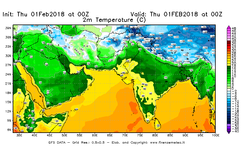 Mappa di analisi GFS - Temperatura a 2 metri dal suolo [°C] in Asia Sud-Occidentale
							del 01/02/2018 00 <!--googleoff: index-->UTC<!--googleon: index-->