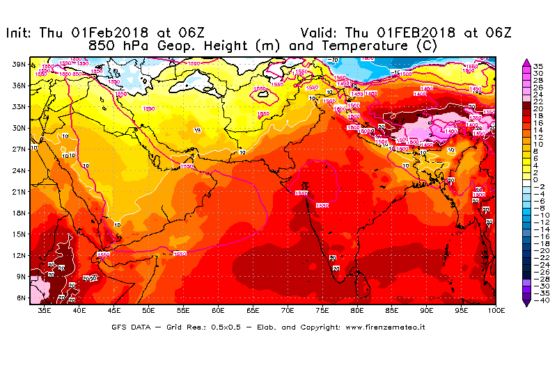 Mappa di analisi GFS - Geopotenziale [m] e Temperatura [°C] a 850 hPa in Asia Sud-Occidentale
									del 01/02/2018 06 <!--googleoff: index-->UTC<!--googleon: index-->