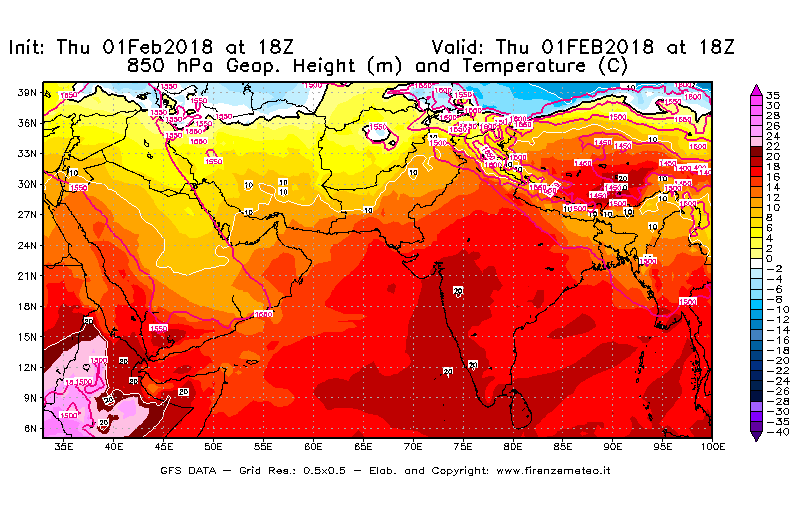 Mappa di analisi GFS - Geopotenziale [m] e Temperatura [°C] a 850 hPa in Asia Sud-Occidentale
							del 01/02/2018 18 <!--googleoff: index-->UTC<!--googleon: index-->