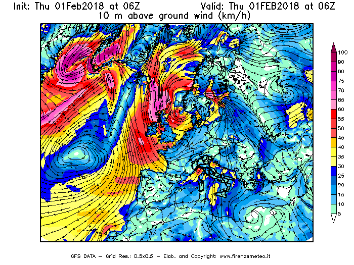Mappa di analisi GFS - Velocità del vento a 10 metri dal suolo [km/h] in Europa
									del 01/02/2018 06 <!--googleoff: index-->UTC<!--googleon: index-->