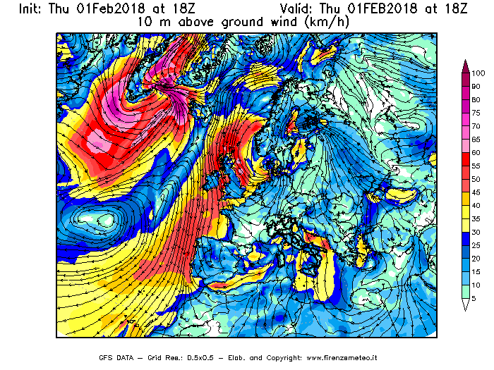 Mappa di analisi GFS - Velocità del vento a 10 metri dal suolo [km/h] in Europa
							del 01/02/2018 18 <!--googleoff: index-->UTC<!--googleon: index-->