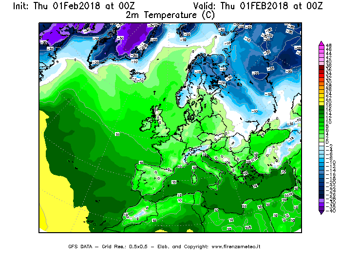 Mappa di analisi GFS - Temperatura a 2 metri dal suolo [°C] in Europa
									del 01/02/2018 00 <!--googleoff: index-->UTC<!--googleon: index-->