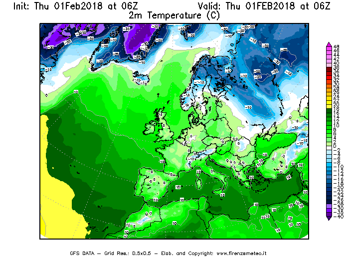 Mappa di analisi GFS - Temperatura a 2 metri dal suolo [°C] in Europa
									del 01/02/2018 06 <!--googleoff: index-->UTC<!--googleon: index-->