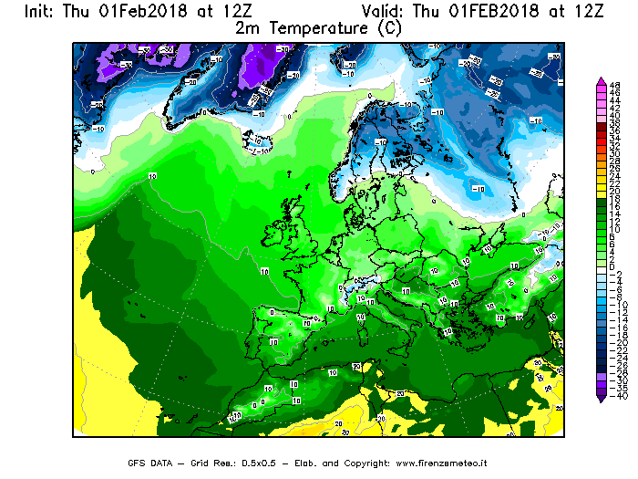 Mappa di analisi GFS - Temperatura a 2 metri dal suolo [°C] in Europa
									del 01/02/2018 12 <!--googleoff: index-->UTC<!--googleon: index-->