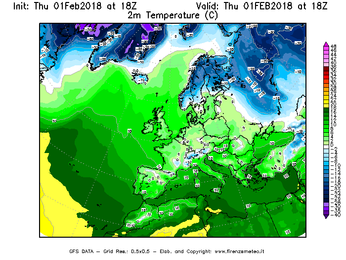 Mappa di analisi GFS - Temperatura a 2 metri dal suolo [°C] in Europa
									del 01/02/2018 18 <!--googleoff: index-->UTC<!--googleon: index-->
