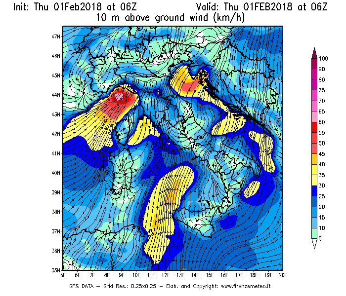 Mappa di analisi GFS - Velocità del vento a 10 metri dal suolo [km/h] in Italia
									del 01/02/2018 06 <!--googleoff: index-->UTC<!--googleon: index-->